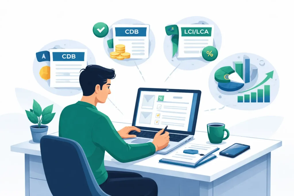 Pessoa preenchendo declaração do Imposto de Renda 2026 com ícones de investimentos em renda fixa como CDB, Tesouro Direto, LCI e LCA