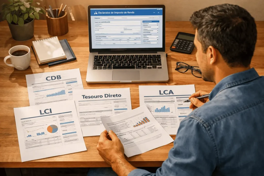 Investidor organizando documentos de CDB, Tesouro Direto, LCI e LCA para declarar no IRPF 2026