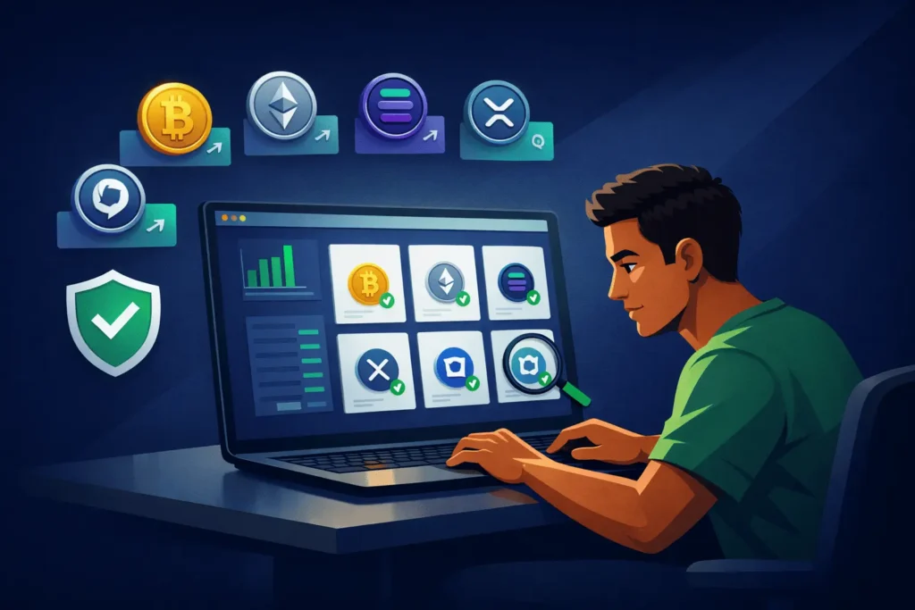 Pessoa analisando portfólio com criptomoedas promissoras como Bitcoin Ethereum Solana e XRP em 2026