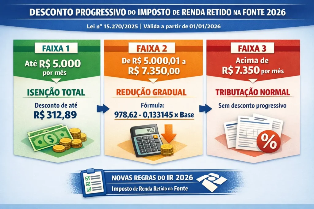 Infográfico em português mostrando as três faixas do desconto progressivo do IRRF 2026: card verde com isenção até R$ 5.000, card amarelo com redução gradual entre R$ 5.000 e R$ 7.350 e card vermelho sem desconto para valores acima de R$ 7.350.