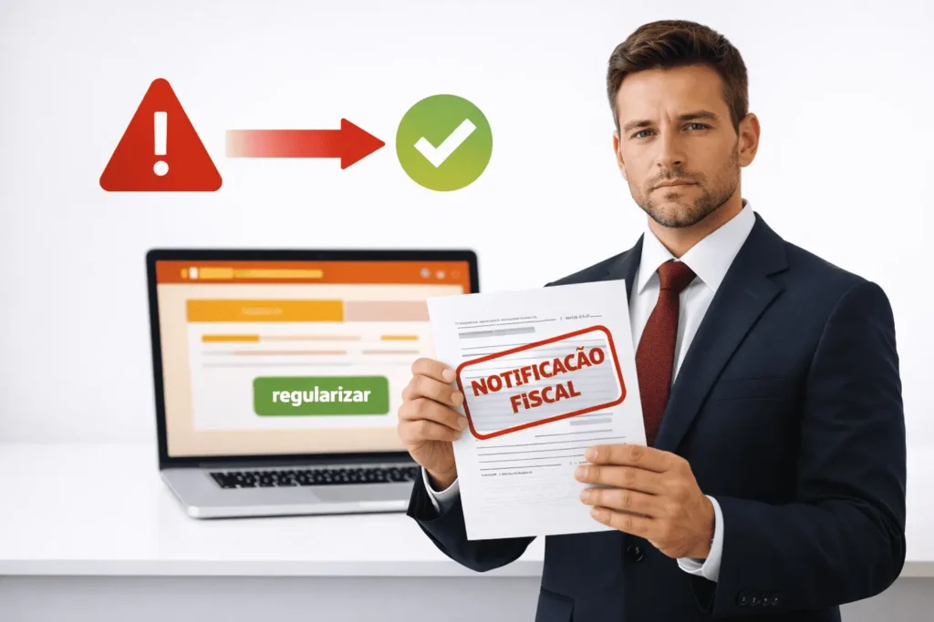 Empresário com notificação de Dívida Ativa da União acessando portal Regularize da PGFN para regularizar a situação fiscal em 2026