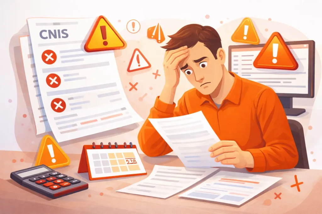 Ilustração de erros comuns no CNIS (extrato de contribuições do INSS) com alertas destacados para verificação