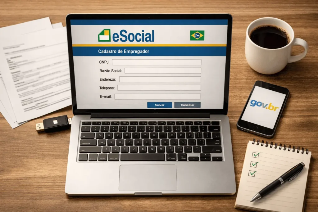 Como cadastrar no eSocial: tela de computador mostrando preenchimento de dados do empregador no sistema gov.br