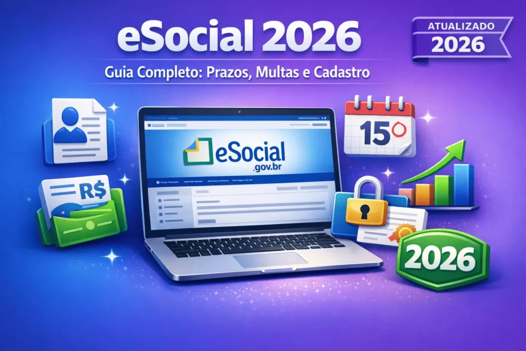 Guia completo do eSocial 2026 mostrando laptop com Portal eSocial gov.br, ícones de admissão, folha de pagamento, prazos dia 15, certificado digital e dados trabalhistas