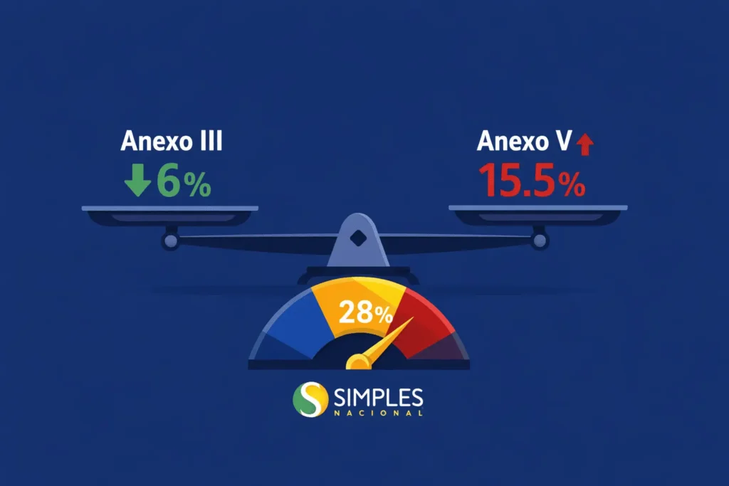 Fator R Simples Nacional 2026: balança comparando Anexo III com alíquota mínima de 6% e Anexo V com 15,5%, separados pelo limiar de 28%