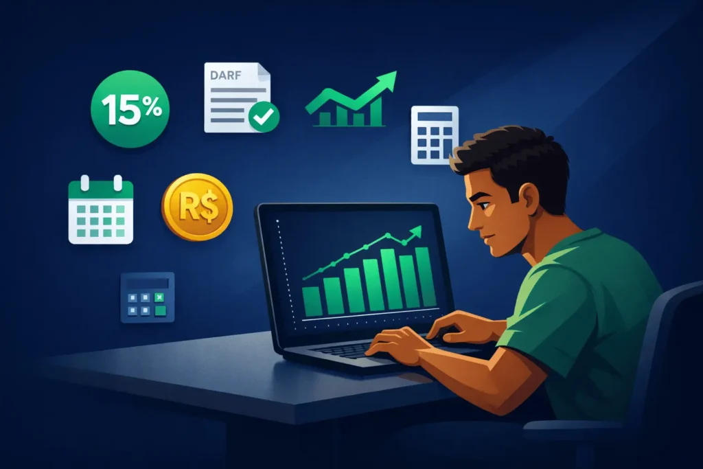 Pessoa calculando ganho de capital no notebook com documento DARF e gráfico de lucro em investimentos