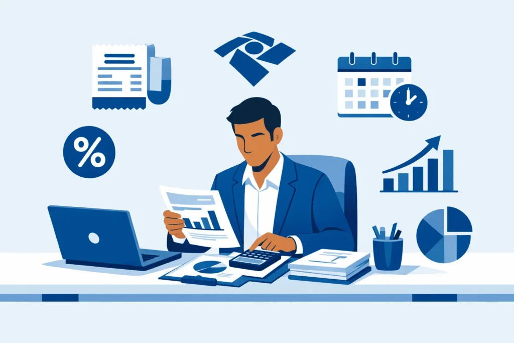 Gestão fiscal e tributária: contador analisando obrigações acessórias e planejamento tributário em 2026