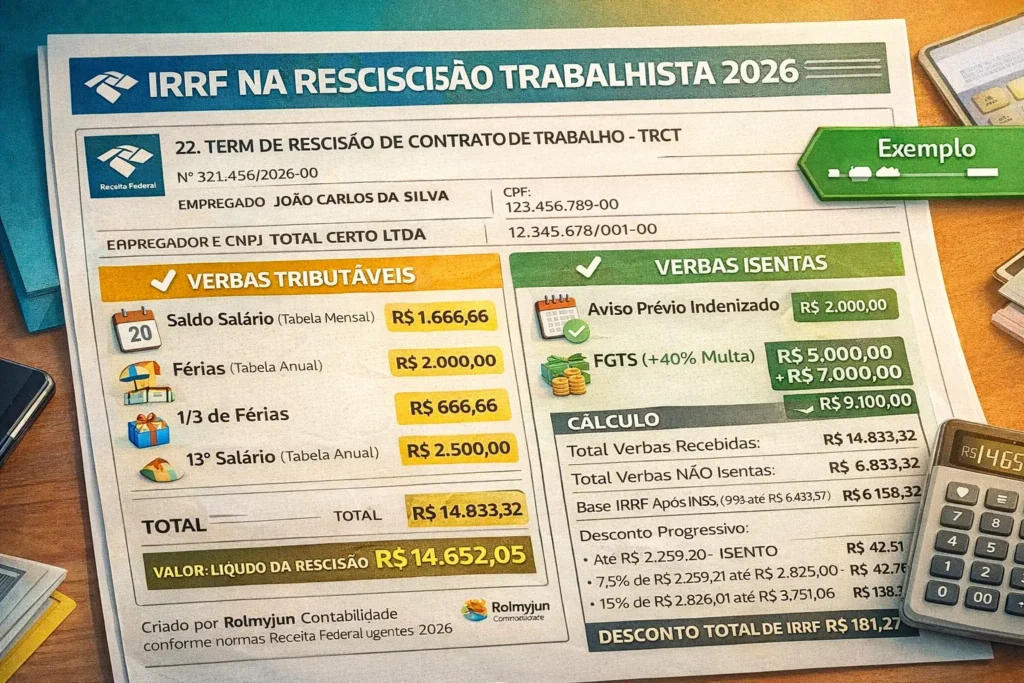 IRRF rescisão trabalhista 2026 mostrando verbas tributadas (saldo, férias, 13º com tabela anual) e isentas (aviso indenizado, FGTS) com cálculo completo