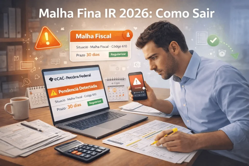 Pessoa consultando notificação de malha fina da Receita Federal no laptop com portal e-CAC aberto, documentos fiscais organizados e calendário mostrando prazo de 30 dias para regularização IR 2026