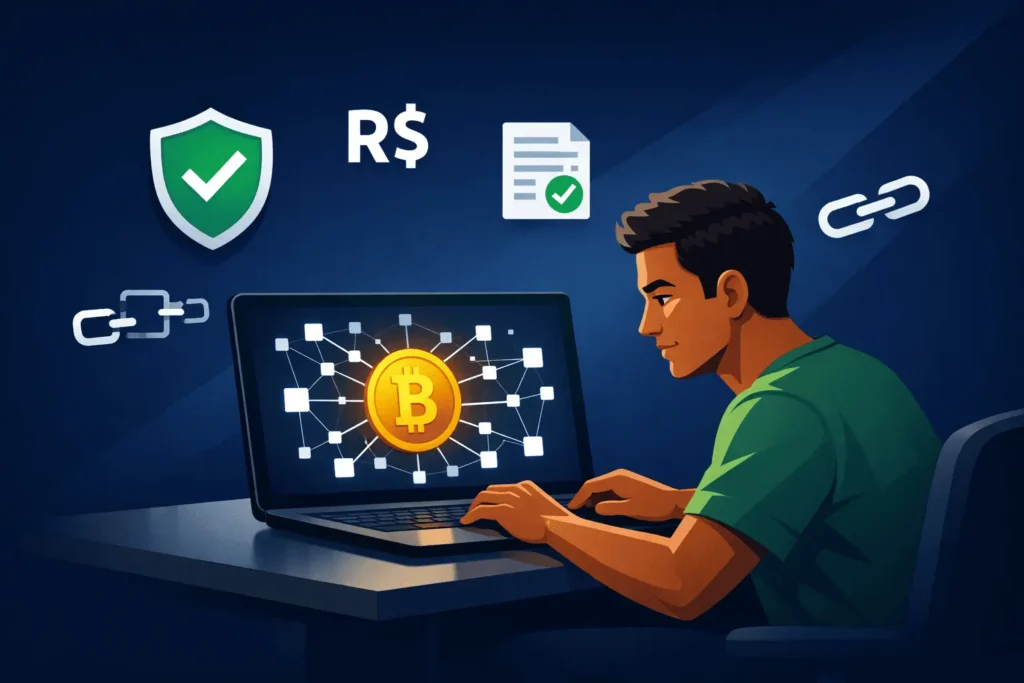 Pessoa jovem analisando criptomoedas no notebook com rede blockchain e moeda Bitcoin dourada ao fundo