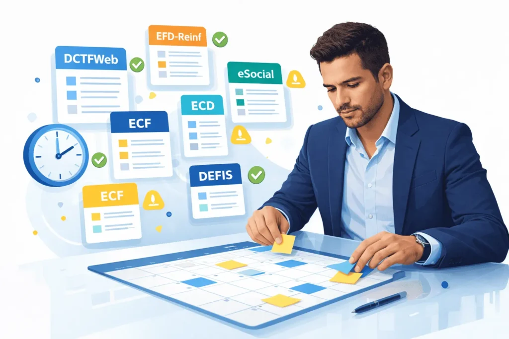 Obrigações acessórias 2026: calendário completo com prazos de DCTFWeb, EFD-Reinf, eSocial, ECD, ECF e DEFIS para empresas brasileiras