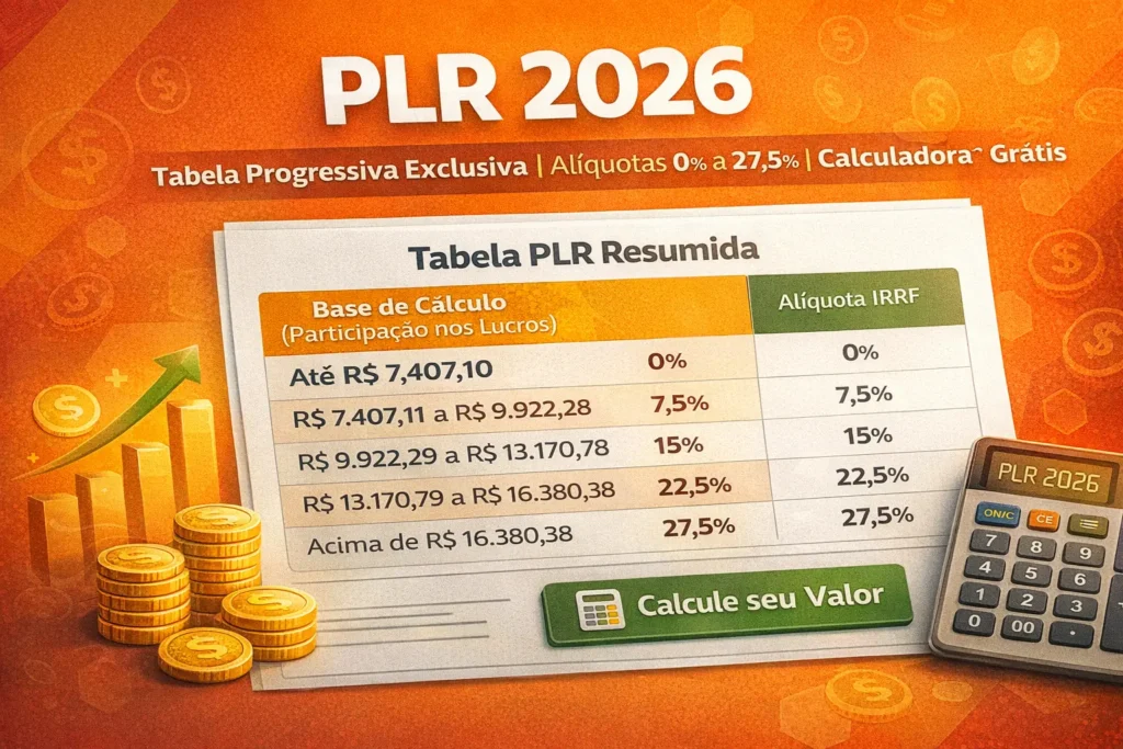 Infográfico tabela PLR 2026 com alíquotas progressivas exclusivas de 0% (isento até R$ 8.214) a 27,5% acima R$ 16.380, sem INSS, não soma salário