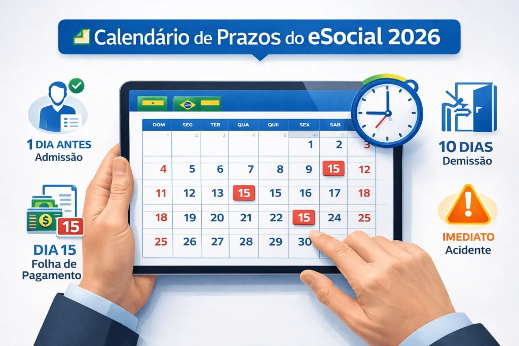 Calendário 2026 de prazos do eSocial mostrando datas importantes de envio de folha, admissão e demissão