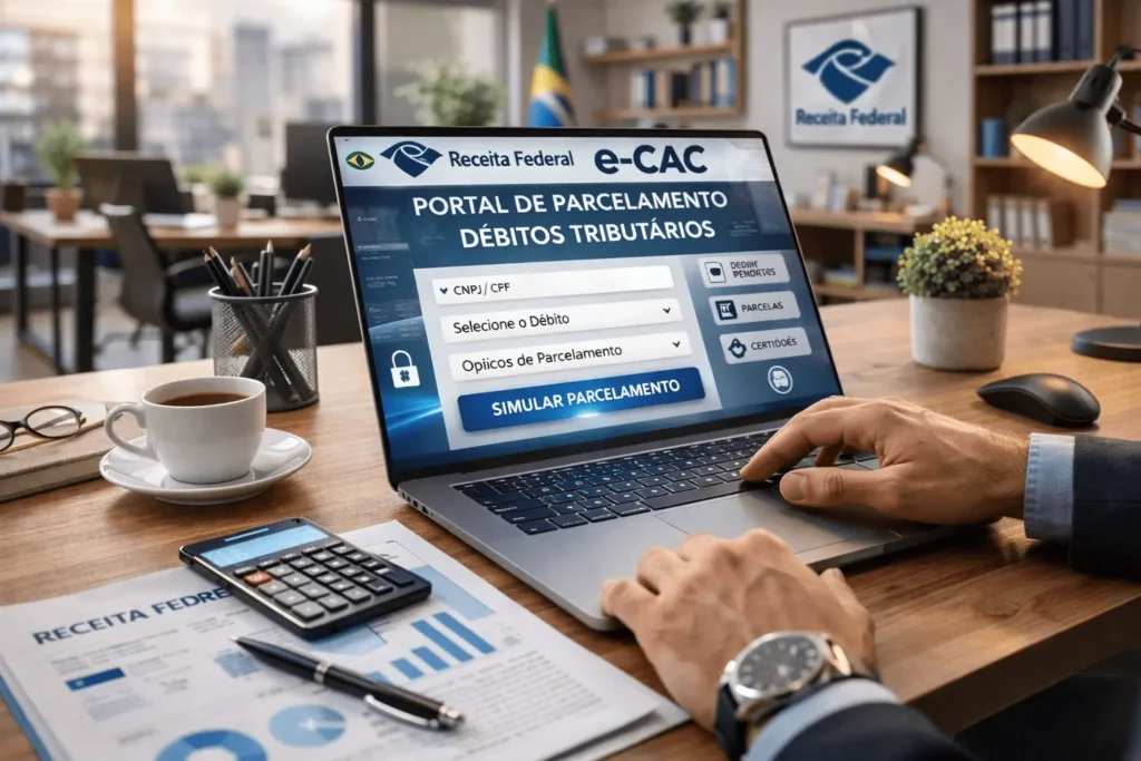 Empresário regularizando débitos fiscais no e-CAC da Receita Federal com aprovação em verde no computador — Regularização de Débitos 2026