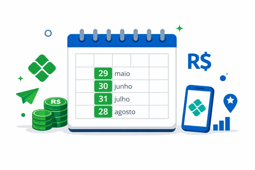 Calendário com os 4 lotes de restituição do IR 2026: 29/05, 30/06, 31/07 e 28/08