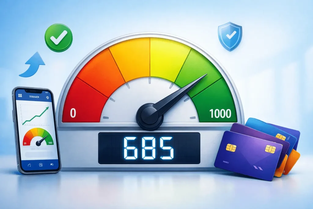 Medidor de score de crédito mostrando pontuação de 685 com smartphone e cartões, representando saúde financeira e crédito