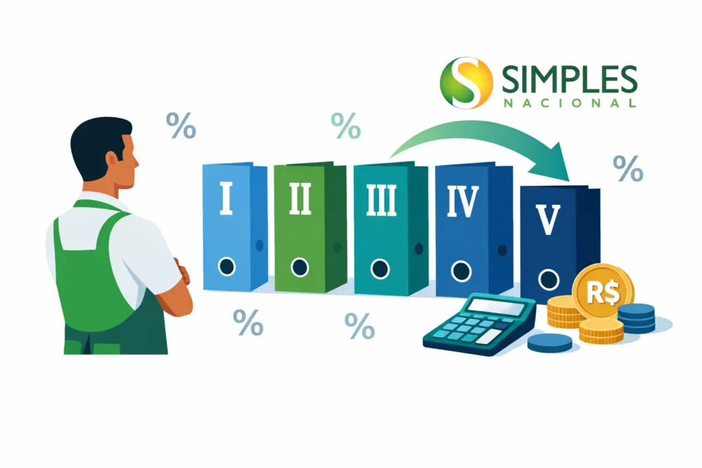 Simples Nacional 2026: tabelas completas dos Anexos I ao V com alíquotas, parcelas de dedução e cálculo do Fator R para empresas brasileiras