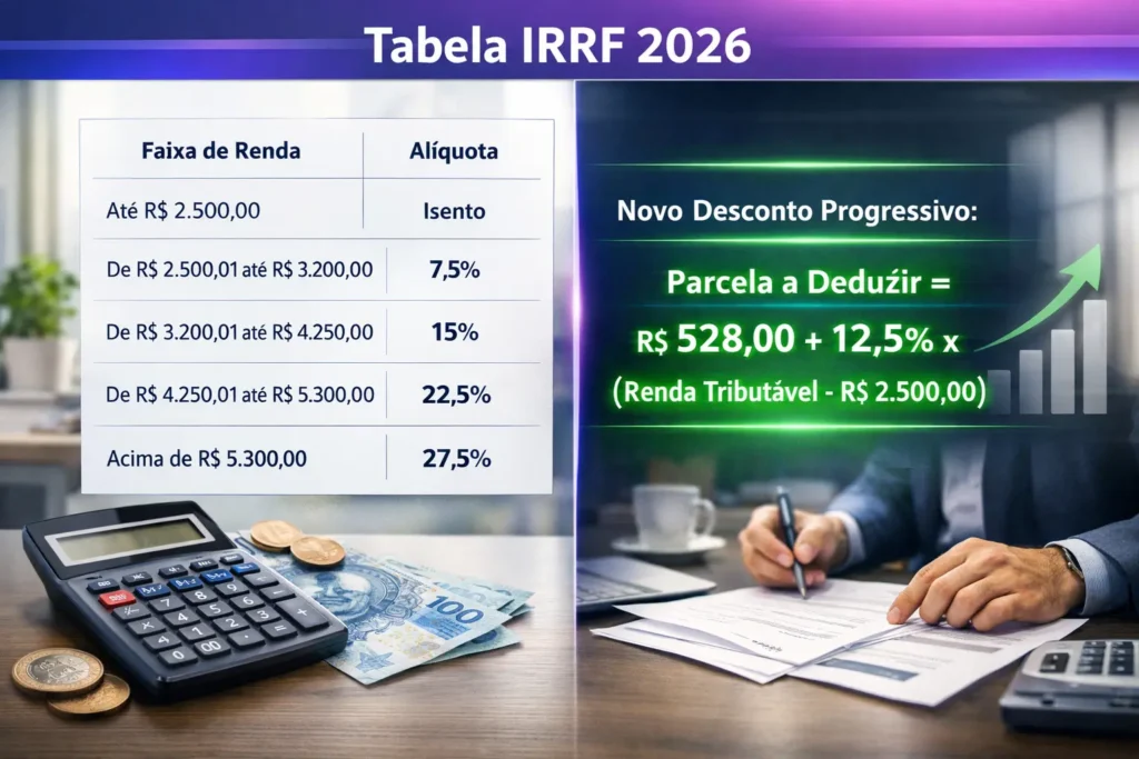 Tabela IRRF 2026 atualizada com faixas progressivas de 7,5% a 27,5% e desconto progressivo que isenta quem ganha até R$ 5.000 mensais