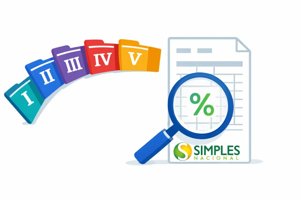 Tabela Simples Nacional 2026 completa: 5 anexos com alíquotas nominais, parcela a deduzir e alíquota efetiva
