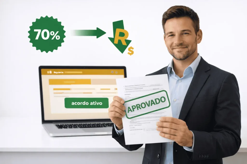 Empresário com acordo de Transação Tributária PGFN aprovado e desconto de até 70% sobre a dívida ativa no portal Regularize em 2026