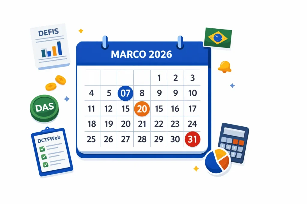 Agenda fiscal de março de 2026 com prazos tributários destacados: FGTS dia 7, DAS Simples Nacional dia 20 e DEFIS dia 31