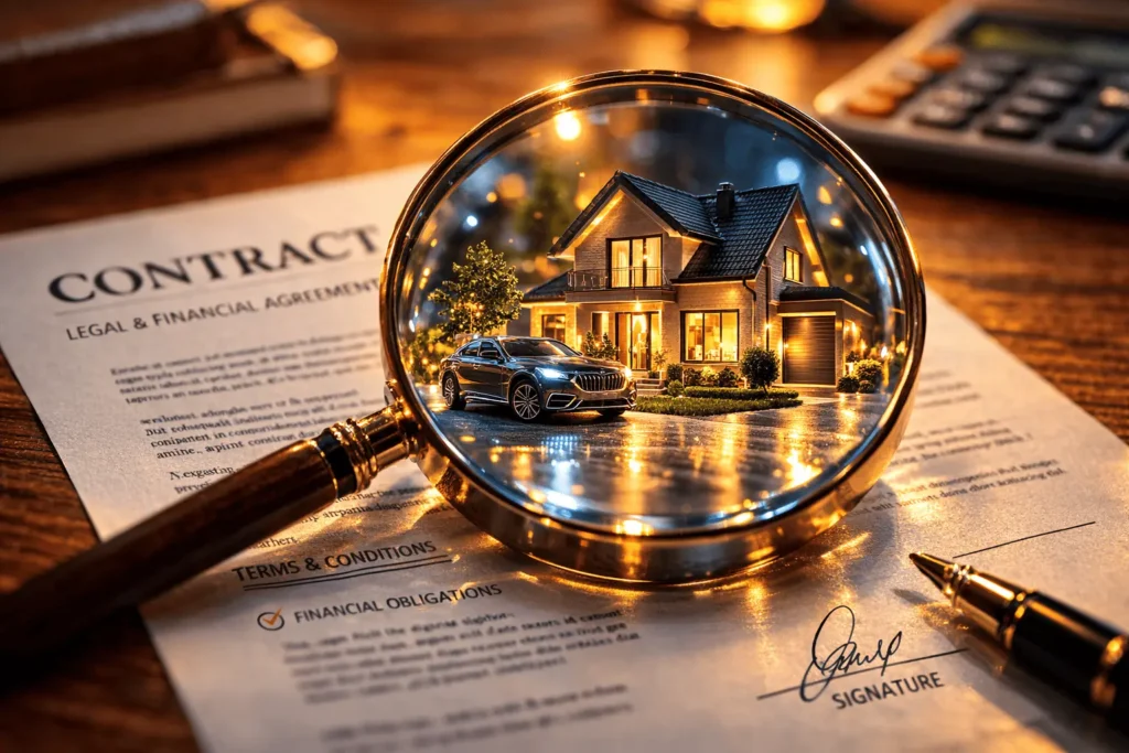 Fotografia de uma lupa sobre um contrato financeiro em uma mesa de madeira. O reflexo na lente da lupa mostra a miniatura brilhante de uma casa e um carro, simbolizando a análise cuidadosa de bens dados em garantia contratual.