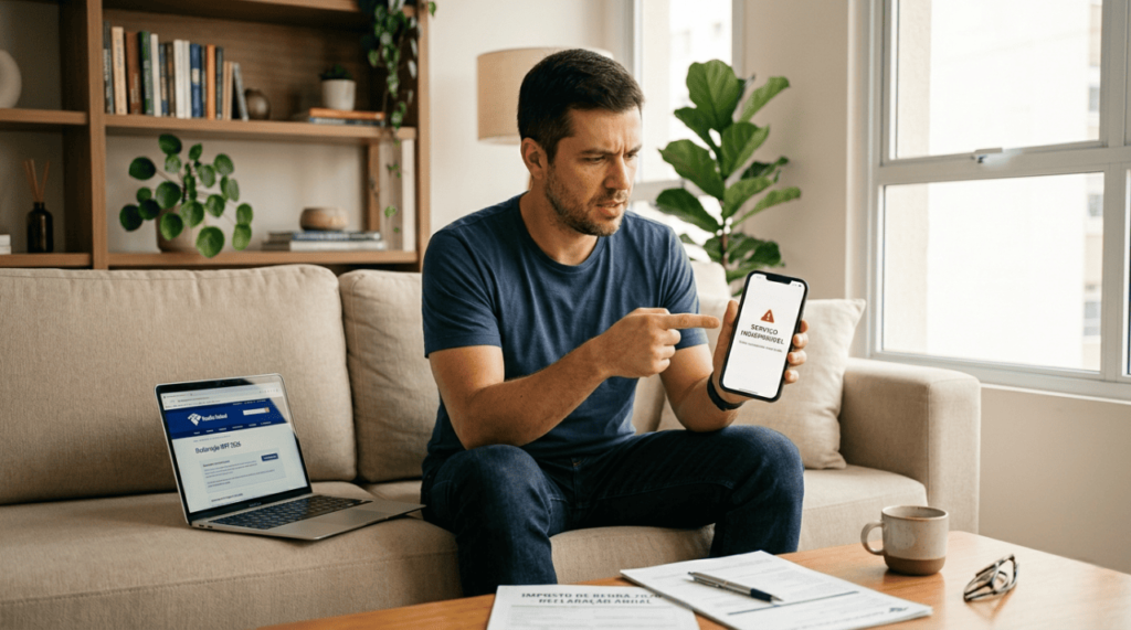 Pessoa com erro no app Meu Imposto de Renda 2026 no celular ao lado de laptop com site da Receita Federal
