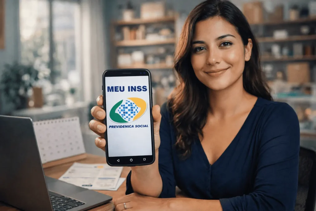 MEI aliviada segurando celular com o app Meu INSS aberto, confirmando seus benefícios previdenciários protegidos em 2026.
