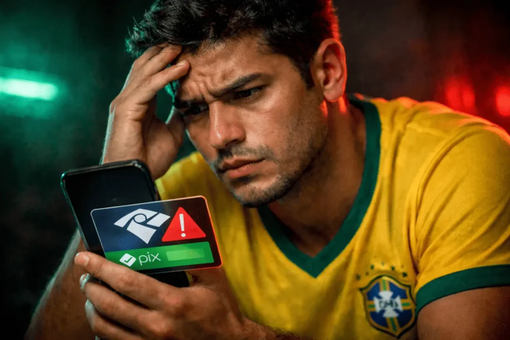 Jovem preocupado olhando celular com app de apostas esportivas e notificação de PIX com alerta da Receita Federal