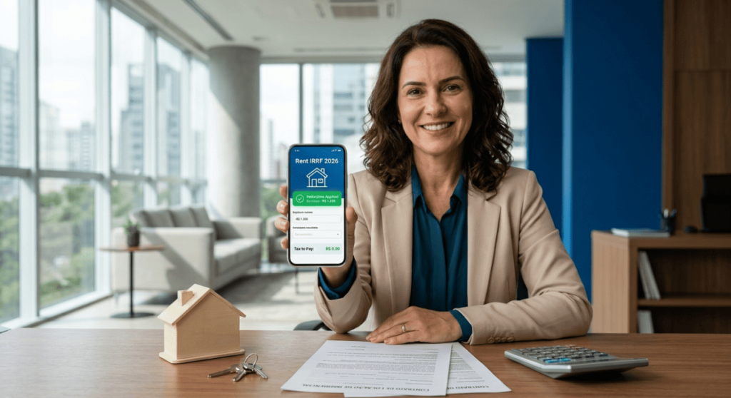 Proprietária calculando IRRF de aluguel no celular com deduções do Carnê-Leão 2026 ao lado de uma casa em miniatura.