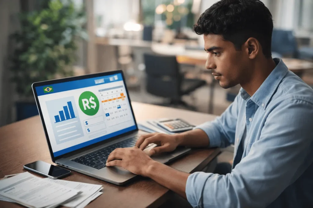 Jovem profissional autônomo focado e organizado trabalhando em um notebook com gráficos financeiros e faturas sobre a mesa, representando o preenchimento e cálculo correto do Carnê-Leão 2026.