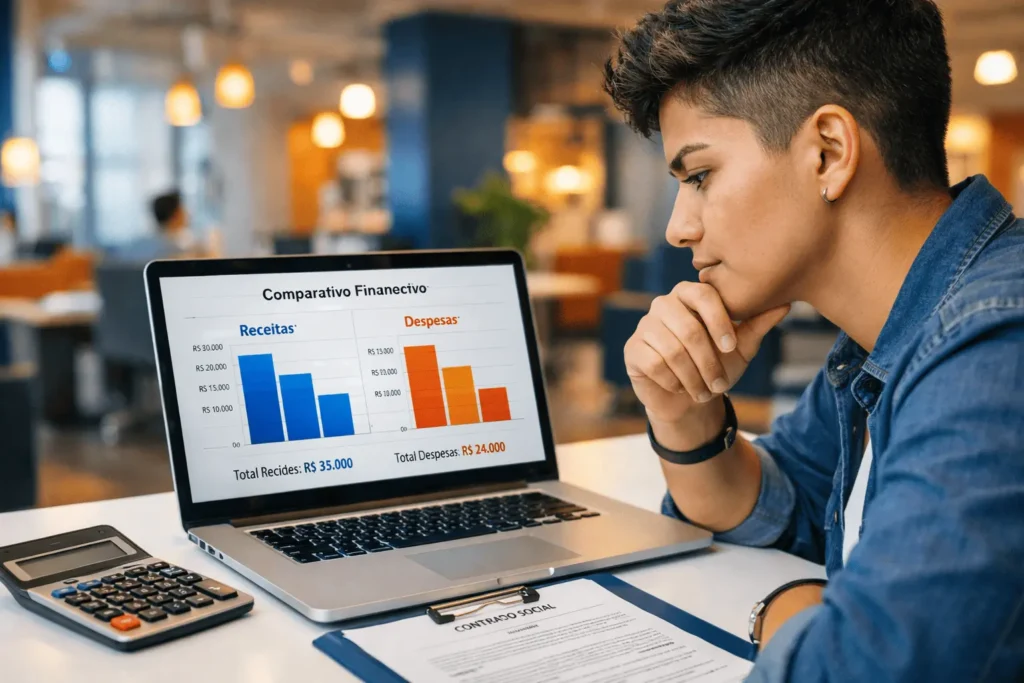 Jovem profissional autônomo pensativo analisando um gráfico de comparação financeira em um notebook, decidindo se vale mais a pena pagar impostos pelo Carnê-Leão ou abrir um CNPJ em 2026