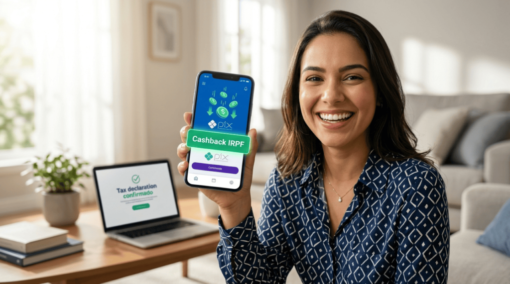Mulher muito feliz vendo notificação de Cashback do IRPF 2026 no celular após receber a restituição automática.