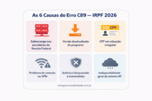 Infográfico com as 6 causas do erro C89 na declaração do IRPF 2026