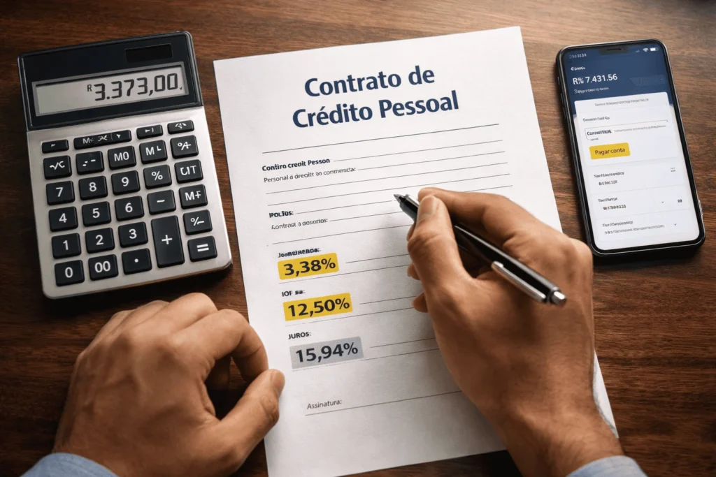 Mãos calculando IOF de contrato de crédito pessoal com calculadora e documentos bancários sobre mesa em 2026