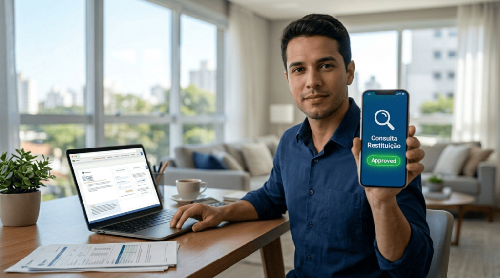 Homem usando o aplicativo no celular e o portal e-CAC no notebook para consultar a restituição do IR 2026.