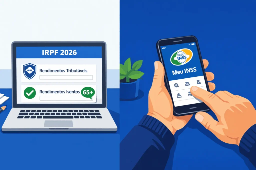 Tela do programa IRPF 2026 com a ficha de Rendimentos Tributáveis preenchida com dados do INSS e a ficha de Rendimentos Isentos com a parcela isenta dos 65 anos