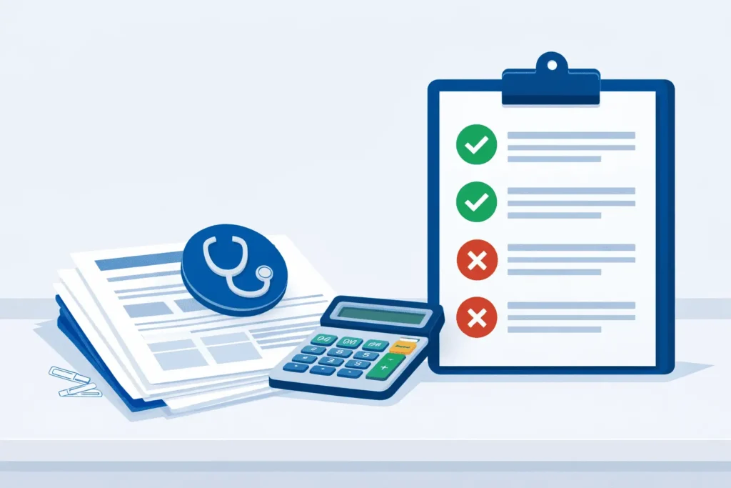 Documentos médicos, estetoscópio e calculadora sobre mesa representando a dedução de despesas médicas no IR 2026