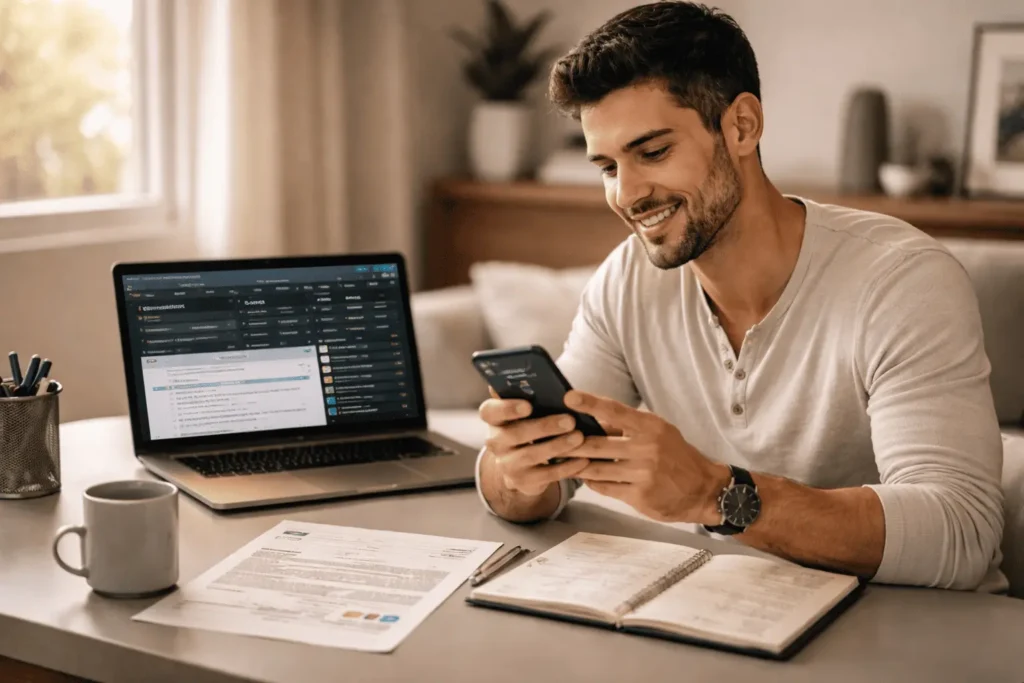 Investidor brasileiro verificando recebimento de dividendos de empresas estrangeiras no celular com brokerage internacional aberta no laptop — como declarar dividendos do exterior no IRPF 2026