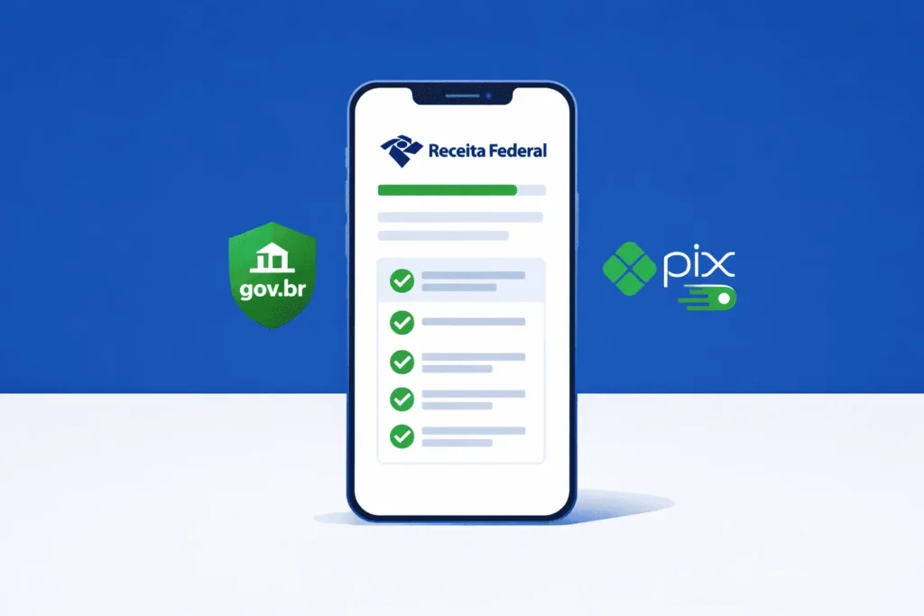Celular com app Receita Federal aberto mostrando declaração do IR 2026 em andamento