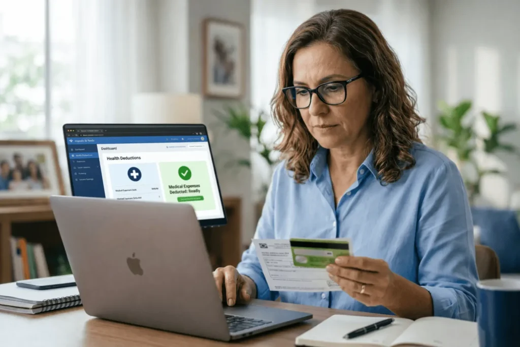 Mulher organizada conferindo recibos e a carteirinha do plano de saúde para declarar no Imposto de Renda 2026.