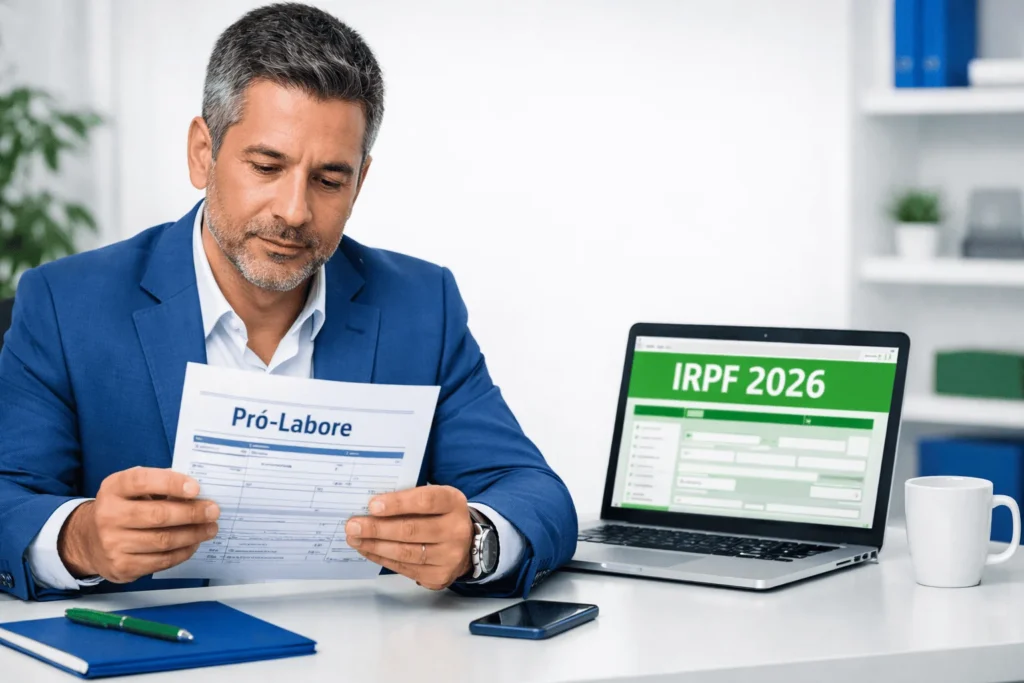 Sócio declarando pró-labore no IRPF 2026 com informe de rendimentos na mão