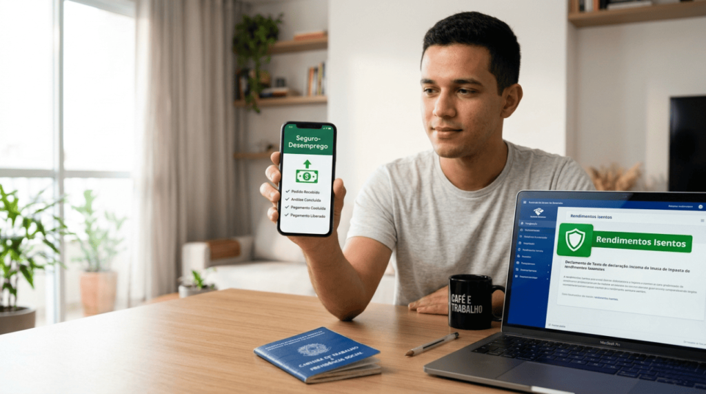 Trabalhador aliviado com a carteira de trabalho na mesa usando celular para declarar seguro-desemprego no IR 2026.