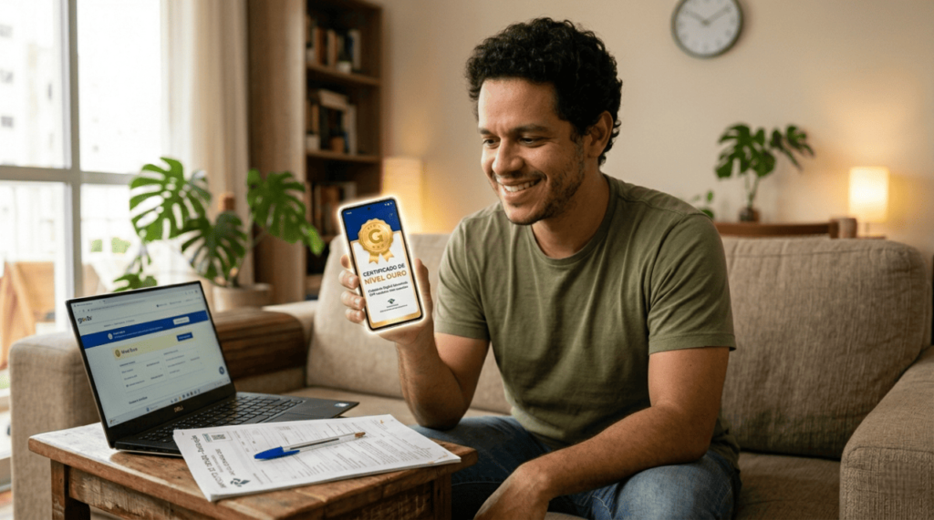 Pessoa com conta GOV.BR nível Ouro confirmada no app em 2026, após elevar o nível com biometria TSE ou QR Code da CIN