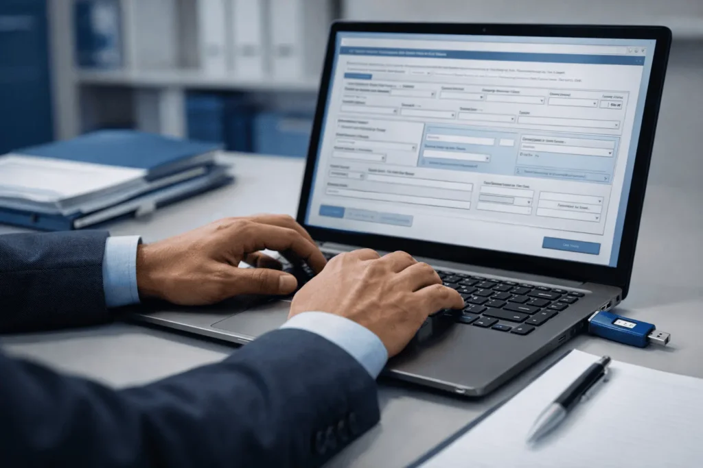 Contador transmitindo a EFD Contribuições no portal SPED com token de certificado digital conectado ao notebook
