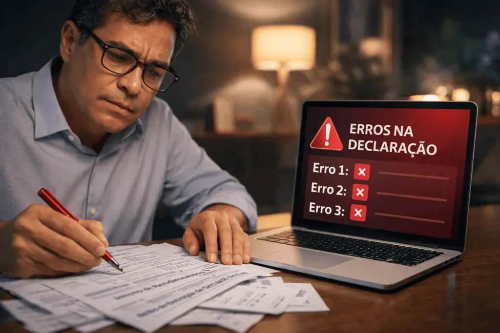 Homem brasileiro focado e preocupado revisando recibos com uma caneta vermelha durante a noite, com um notebook exibindo alertas, ilustrando a busca minuciosa para evitar os 7 erros mais comuns que levam à malha fina do Imposto de Renda.