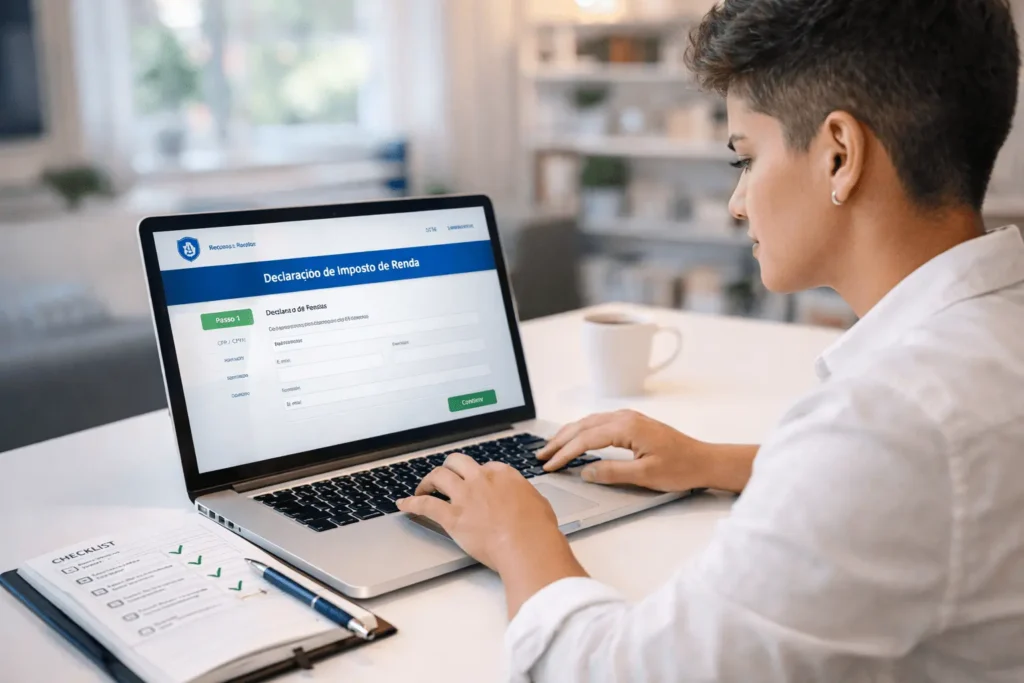 Profissional autônomo brasileiro confiante e organizado digitando em um notebook que exibe o portal do e-CAC, com um checklist ao lado, acompanhando um guia passo a passo para preencher o Carnê-Leão 2026.