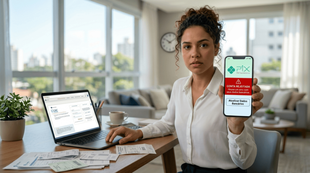 Mulher com cartão na mão vendo alerta de conta rejeitada no celular para reagendar a restituição do IR 2026 via PIX.