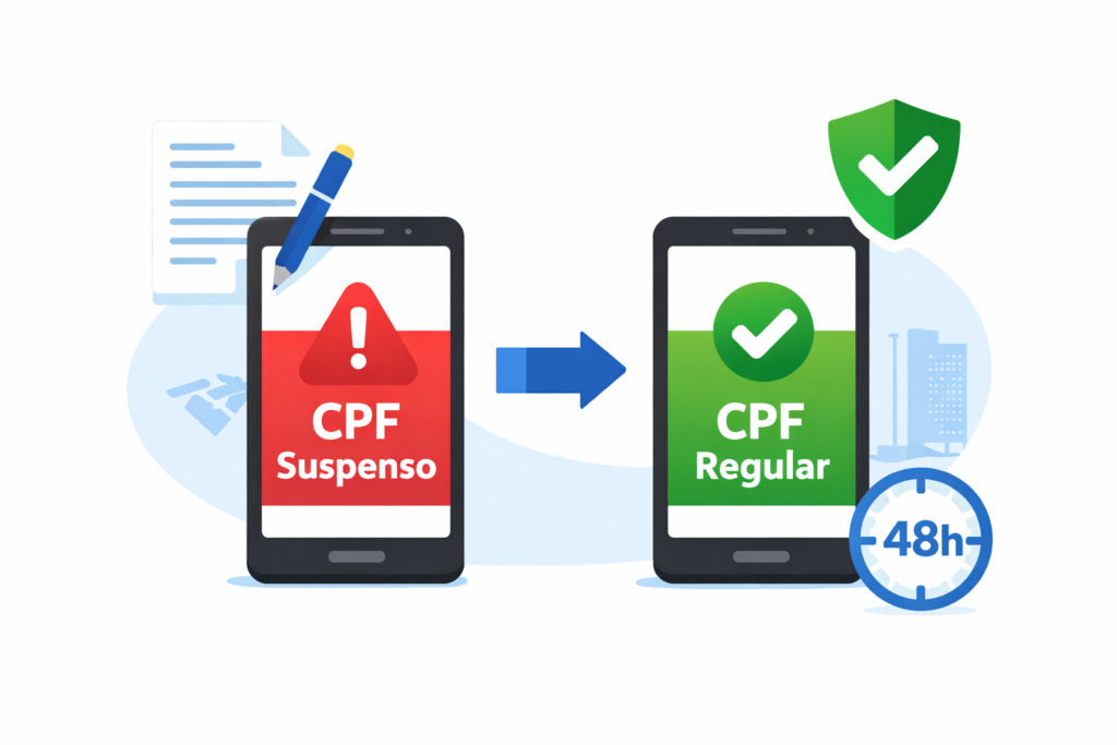 Ilustração mostrando CPF suspenso sendo regularizado na Receita Federal — processo gratuito com prazo de até 48 horas em 2026.