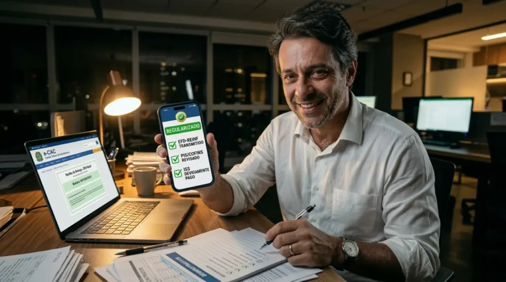Contador aliviado usando notebook e celular com checklist para regularizar a EFD-Reinf atrasada passo a passo.